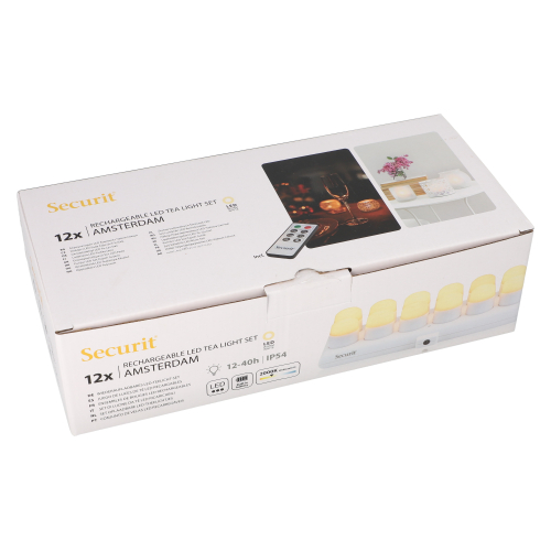 Product foto van 12 LED-Theelichten incl. laadstation Ø 4 cm · 5 cm wit "Amsterdam" Brandduur 12–40 u