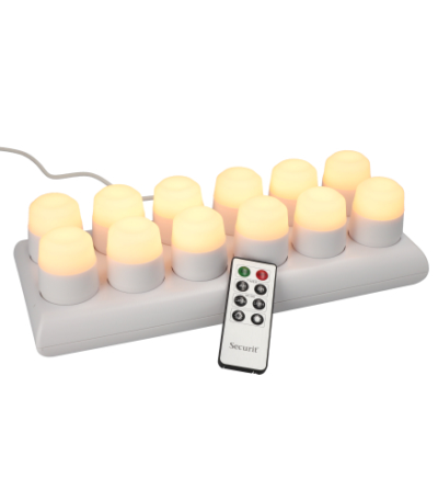 Product foto van 12 LED-Theelichten incl. laadstation Ø 4 cm · 5 cm wit "Amsterdam" Brandduur 12–40 u
