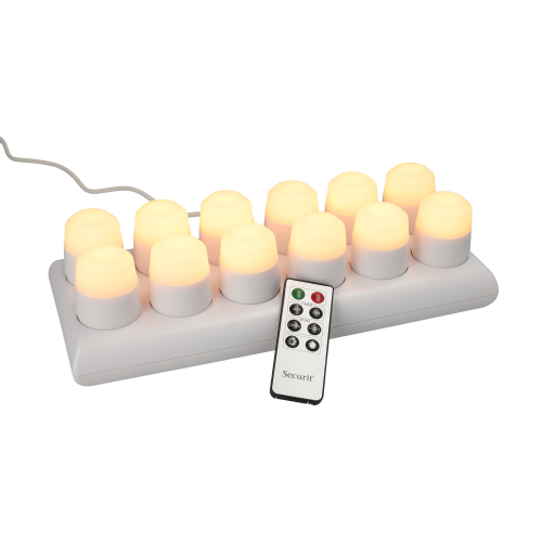 Product foto van 12 LED-Theelichten incl. laadstation Ø 4 cm · 5 cm wit "Amsterdam" Brandduur 12–40 u