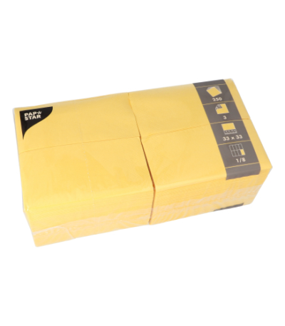 Product foto van 250 Servetten 3-laags 1/8 vouw 33 cm x 33 cm geel