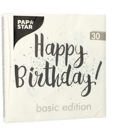 Product foto van 30 Servetten 3-laags 1/4 vouw 33 cm x 33 cm "Happy Birthday"