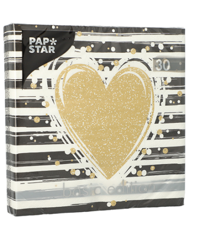 Product foto van 30 Servetten 3-laags 1/4 vouw 33 cm x 33 cm "Sparkling Heart"
