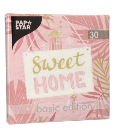 Product foto van 30 Servetten 3-laags 1/4 vouw 33 cm x 33 cm roze "Sweet Home"
