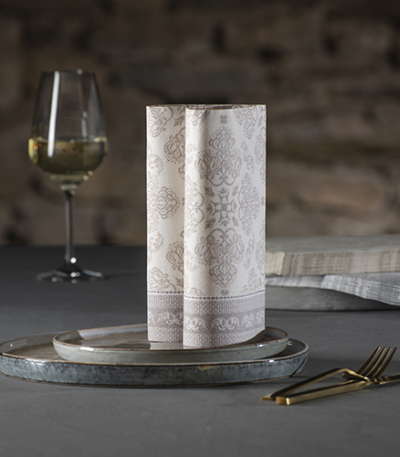 Product foto van 50 Servetten "ROYAL Collection" 1/4 vouw 40 cm x 40 cm mocca "Arabesque"