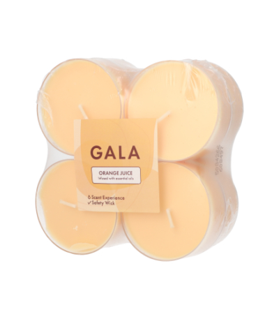 Product foto van 8 "GALA" Maxi geurtheelichten Ø 59 mm · 24 mm oranje - Orange Juice in behuizing van polycarbonaat
