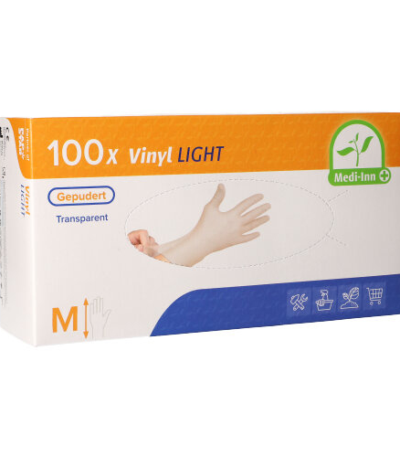 Product foto van 100 "Medi-Inn PS" Handschoenen Vinyl gepoederd "Light" transparant Maat: M