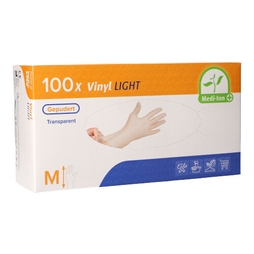 Product foto van 100 "Medi-Inn PS" Handschoenen Vinyl gepoederd "Light" transparant Maat: M