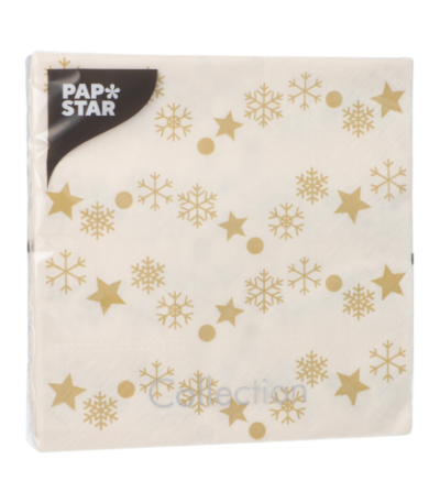 Product foto van 20 Servetten 3-laags 1/4 vouw 33 cm x 33 cm "Golden Snowflakes"