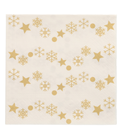 Product foto van 20 Servetten 3-laags 1/4 vouw 33 cm x 33 cm "Golden Snowflakes"