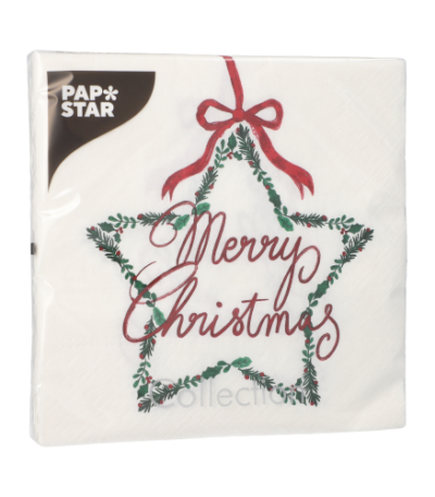 Product foto van 20 Servetten 3-laags 1/4 vouw 33 cm x 33 cm "Merry Christmas"