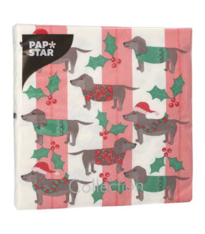 Product foto van 20 Servetten 3-laags 1/4 vouw 33 cm x 33 cm "X-Mas Dogs"