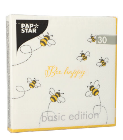 Product foto van 30 Servetten 3-laags 1/4 vouw 33 cm x 33 cm "Bee Happy"