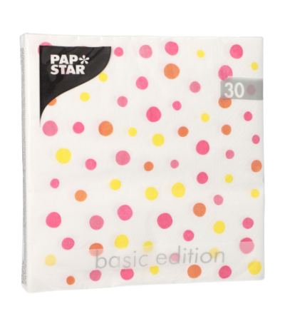 Product foto van 30 Servetten 3-laags 1/4 vouw 33 cm x 33 cm roze "Colourful Dots"