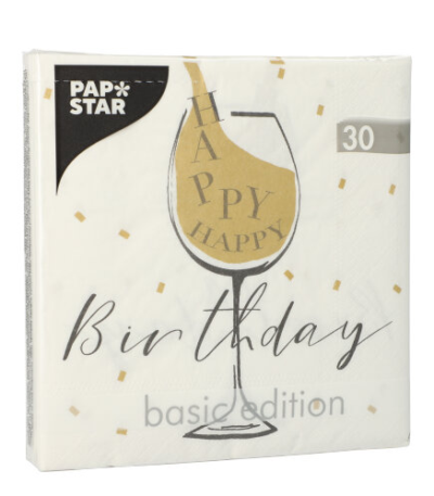 Product foto van 30 Servetten 3-laags 1/4 vouw 33 cm x 33 cm wit "Happy Birthday"