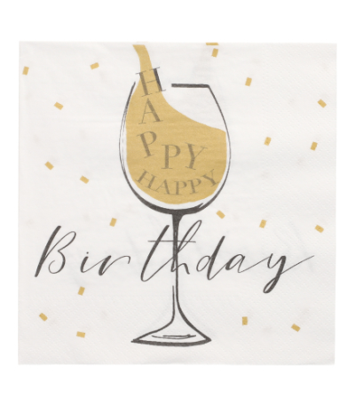 Product foto van 30 Servetten 3-laags 1/4 vouw 33 cm x 33 cm wit "Happy Birthday"
