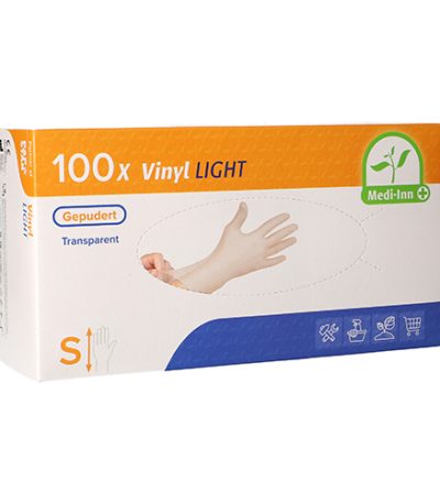 Product foto van 100 "Medi-Inn PS" Handschoenen Vinyl gepoederd "Light" transparant Maat: S