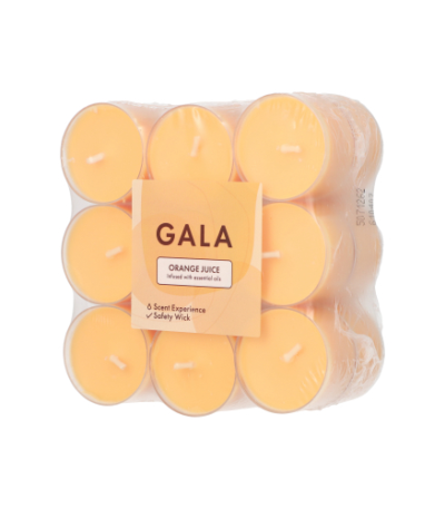 Product foto van 18 "GALA" Geurkaars Ø 38 mm · 24 mm oranje - Orange Juice in behuizing van polycarbonaat