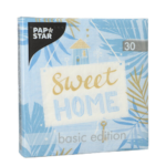 Product foto van 30 Servetten 3-laags 1/4 vouw 33 cm x 33 cm blauw "Sweet Home"