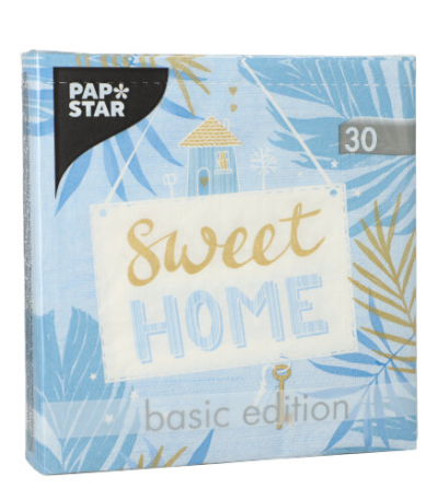 Product foto van 30 Servetten 3-laags 1/4 vouw 33 cm x 33 cm blauw "Sweet Home"