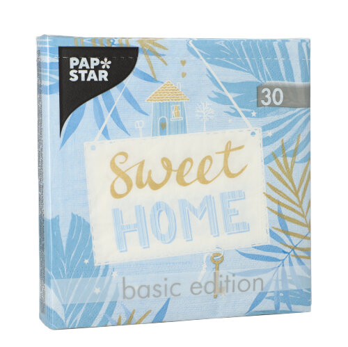 Product foto van 30 Servetten 3-laags 1/4 vouw 33 cm x 33 cm blauw "Sweet Home"