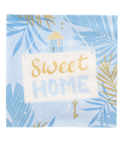 Product foto van 30 Servetten 3-laags 1/4 vouw 33 cm x 33 cm blauw "Sweet Home"