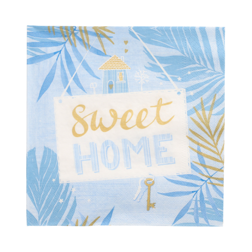 Product foto van 30 Servetten 3-laags 1/4 vouw 33 cm x 33 cm blauw "Sweet Home"
