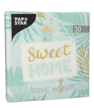 Product foto van 30 Servetten 3-laags 1/4 vouw 33 cm x 33 cm munt "Sweet Home"